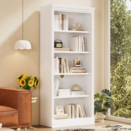 Harper & Bright Designs Tall Wood Bookcase with Light Strip, 5 Tier Bookshelves with Adjustable Shelves, Free Standing Storage Organizer for Home Office, White