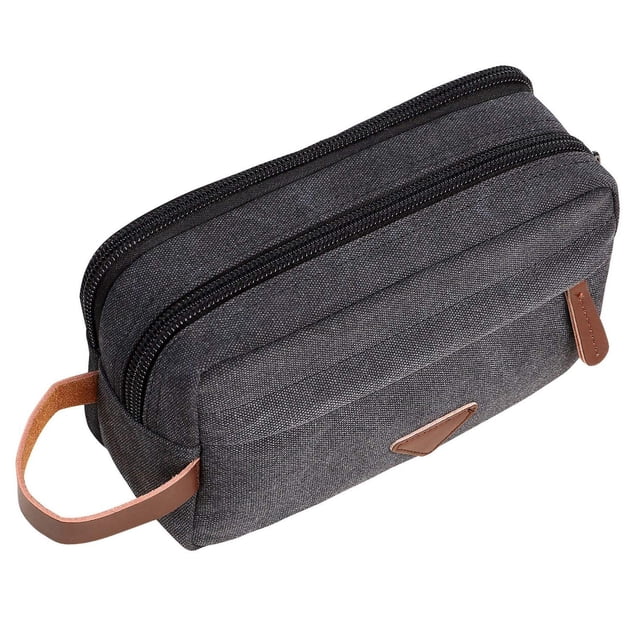 Neceser de viaje para hombre con compartimentos dobles, organizador de maquillaje cosmético de cuero de lona, kits de afeitado Dopp - Negro