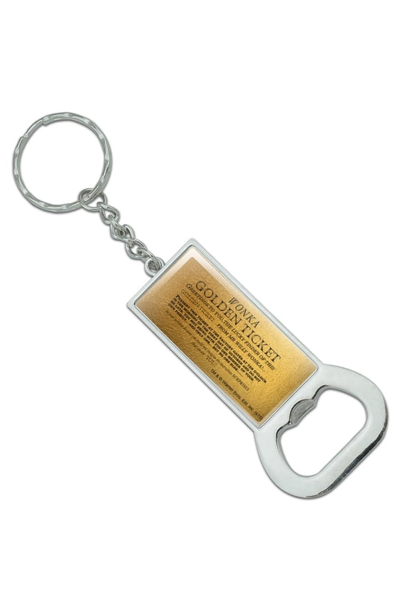 Willy Wonka and the Chocolate Factory Golden Ticket Keychain Rectangle Chrome Plated Metal Bottle Cap Opener