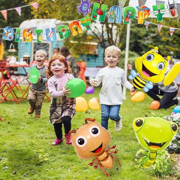 Insect-themed birthday party balloon decoration set - Cartoon insect balloons, letter banners, natural color scheme