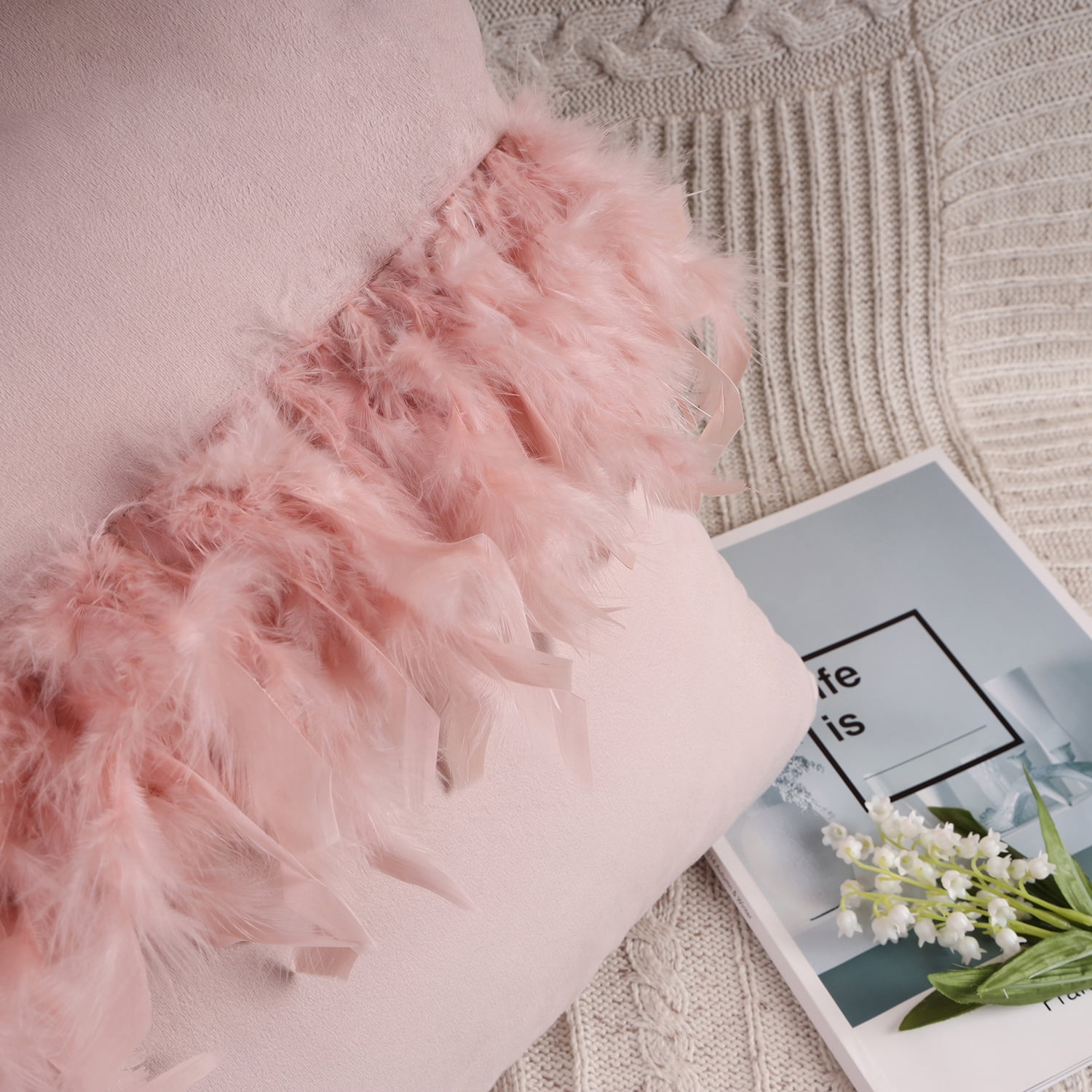 Soft Feather Velvet Modern Cushion, Decorative Couch Pillow, 18" x 18", Light Pink, 2 Pack