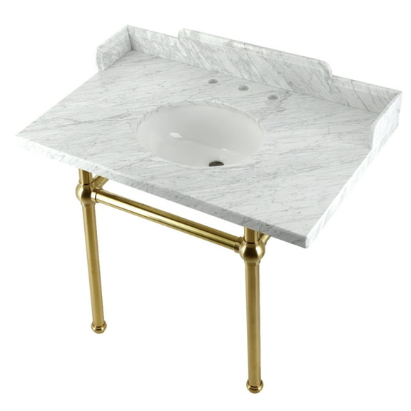 Kingston Brass LMS3630MB7 Pemberton 36" Carrara Marble Console Sink with Brass Legs (8-Inch, 3-Hole), Carrara Marble White/Brushed Brass