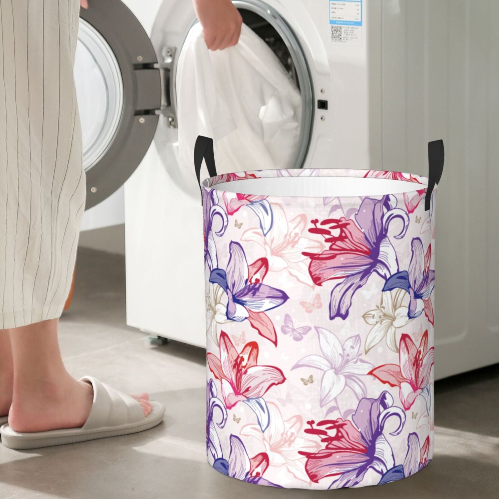 Large Laundry Basket with Handles - Lilies Flowers Colorful Kids Baby Dirty Clothes Laundry Hamper for Bedroom Aesthetic