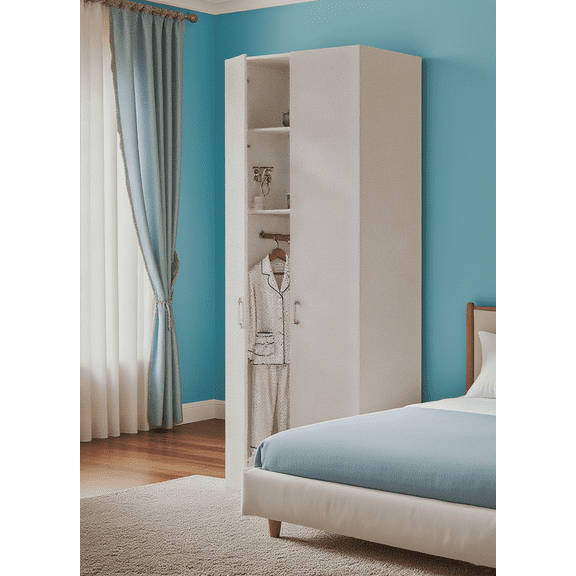 White Double Door Wardrobe Cabinet – 29.5" Michael Armoire with Storage Shelf & Coat Hanging Rod – Space-Saving Closet Organizer