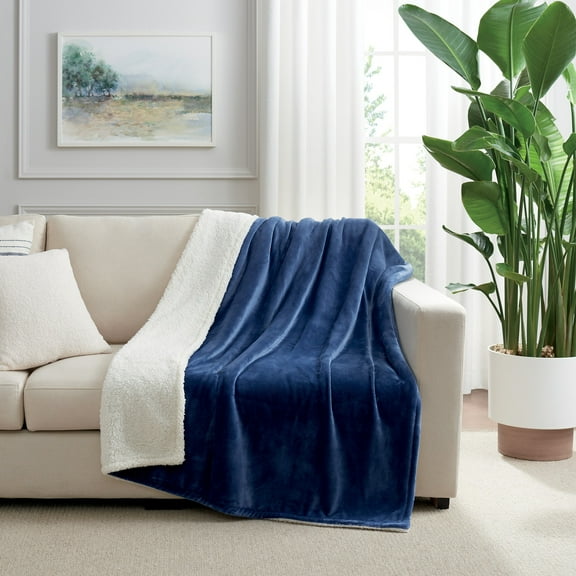 Host & Home Plush Sherpa Throw Blanket, Plush Mink Velvet Face with Plush Sherpa Reverse, 50x60, Navy