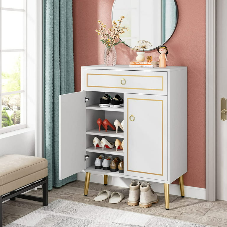 Narrow Entryway Shoe Storage White Tall Shoe Cabinet with 1 Drawer & 1 Door & 5 Shelves for 10 Pairs Shoes