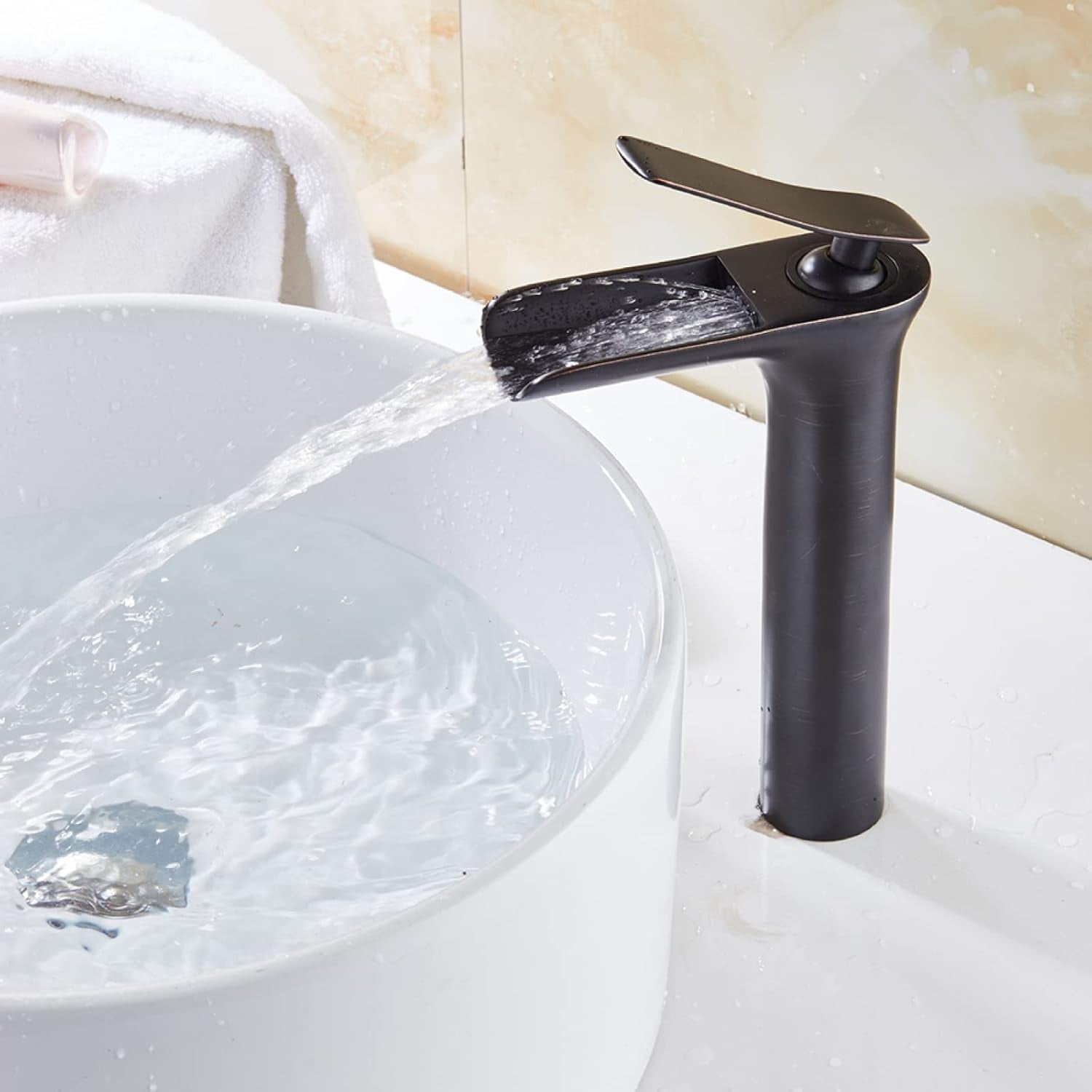 Waterfall Bathroom Faucet, Hot and Cold Sink Mixer Tap Faucet, Solid Brass, Waterfall Single Handle Bathroom Sink Faucet Tall, Black Silver