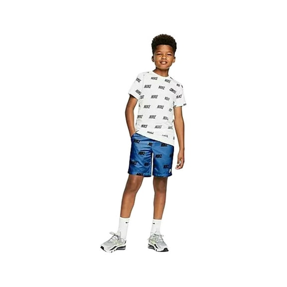Nike Allover Corporate Print Woven Boys Active Shorts Size S, Color: Blue/Black