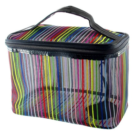 Unique Bargains Traveling Zipper Closure Rainbow Stripe Mesh Cosmetic Makeup Bag Holder w Mirror Black