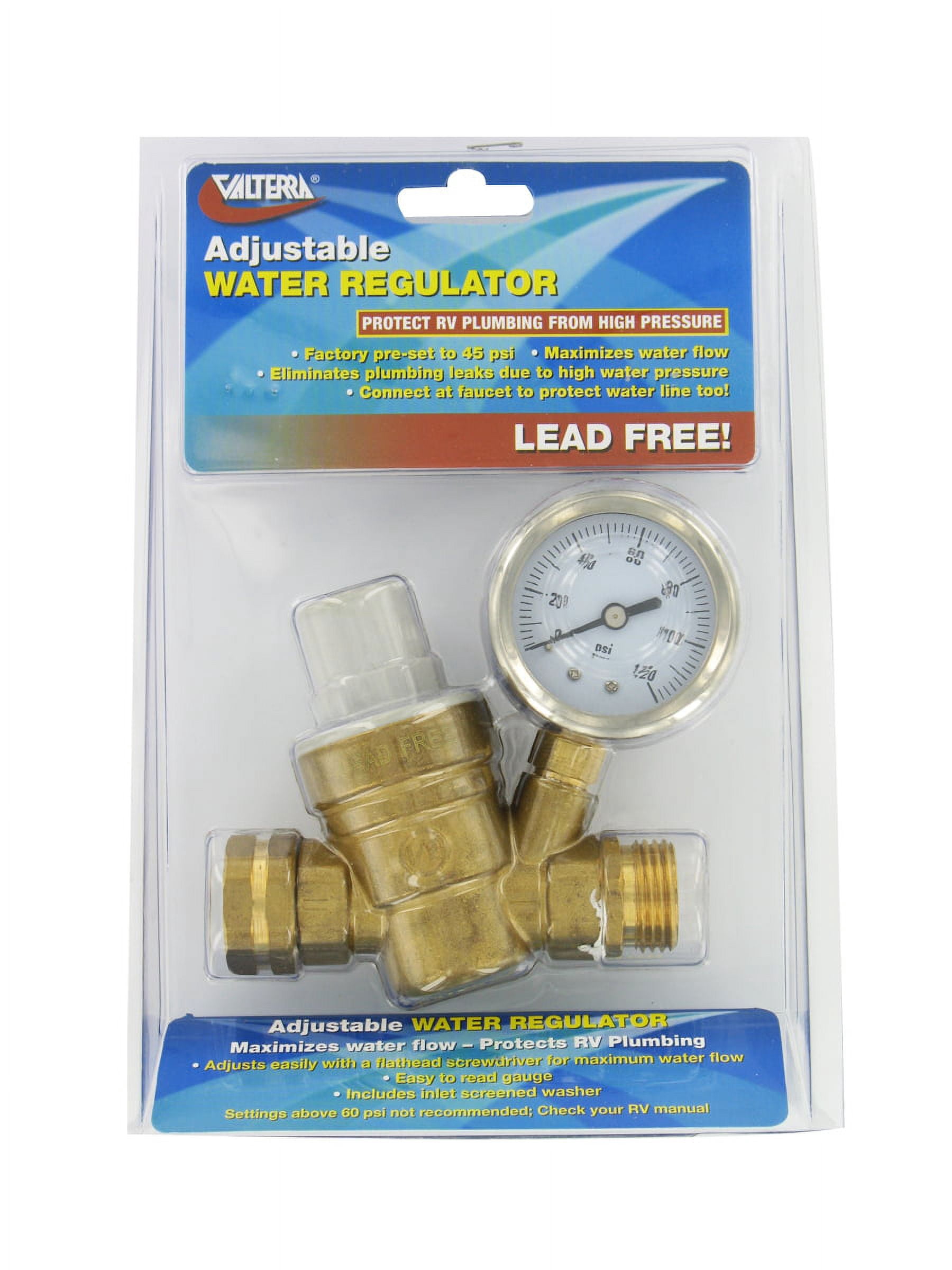 VALTERRA Adjustable Water Pressure Regulator For RVs - Preset To 45 PSI With Gauge | Protects Plumbing Systems