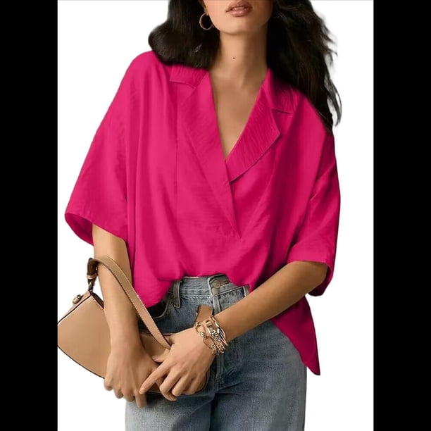 Blusa Informal Elegante para Mujer, de Negocios, de Corta, con Cuello en V y Tapeta, Camisa de Trabajo, Rosa , Talla XL