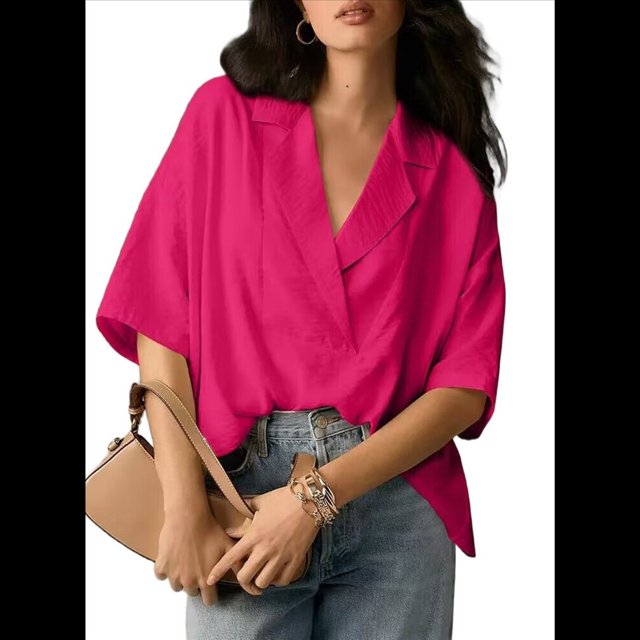 Blusa Informal Elegante para Mujer, de Negocios, de Corta, con Cuello en V y Tapeta, Camisa de Trabajo Rosa Oscuro M