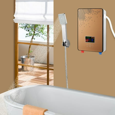 Instant Electric Water Heater - 4500W Tankless System with Constant Temperature, LED Display, Safety Features, and Shower Kit, Gold