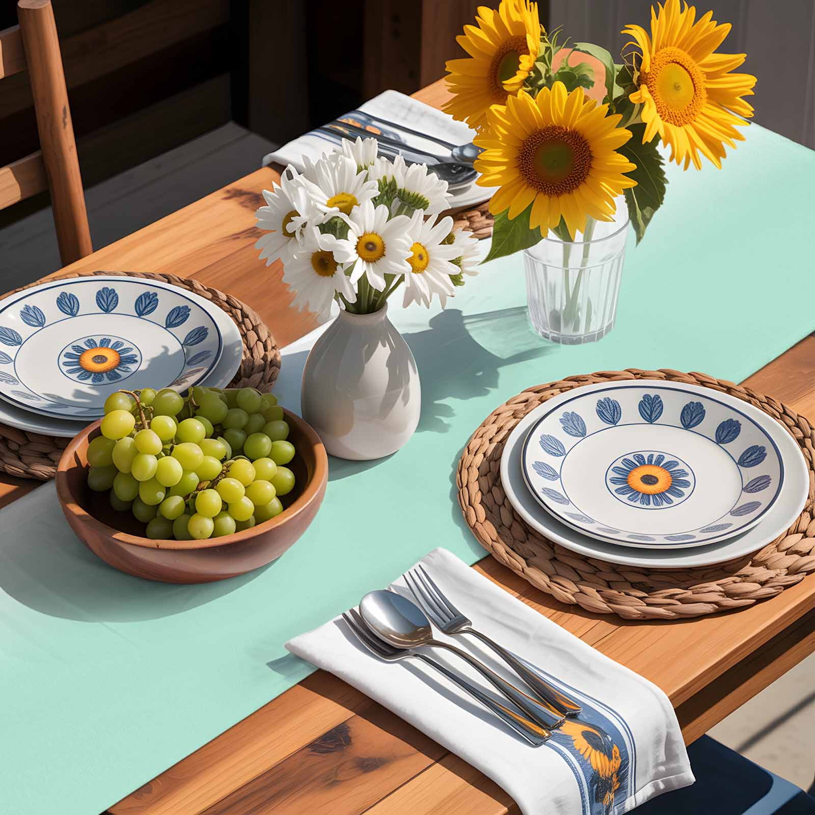 Green Gradient Art on White Table Runner 90 Inches Long, Summer Style Table Runners Tabletop Scarf Kitchen Dining Tables Decoration for Home Party Indoor Outdoor