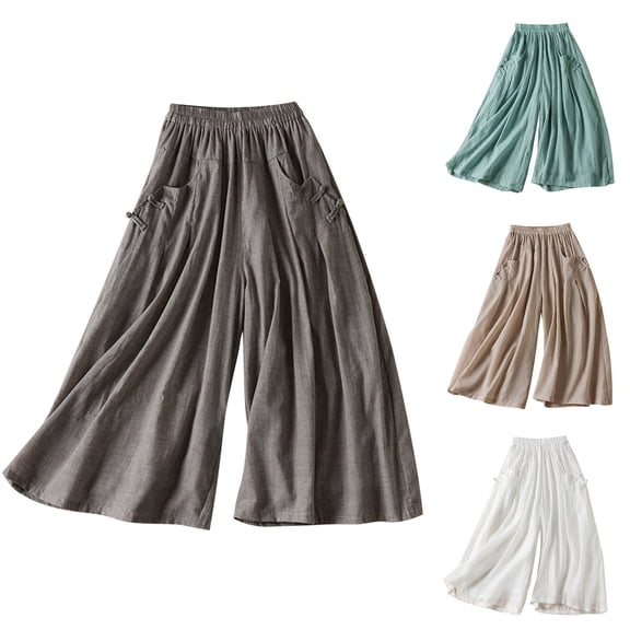Sakmal Women's Capri Palazzo Pants Wide Leg Cotton Linen Boho Pants Beach Vacation Solid with Pockets Capris for Women L