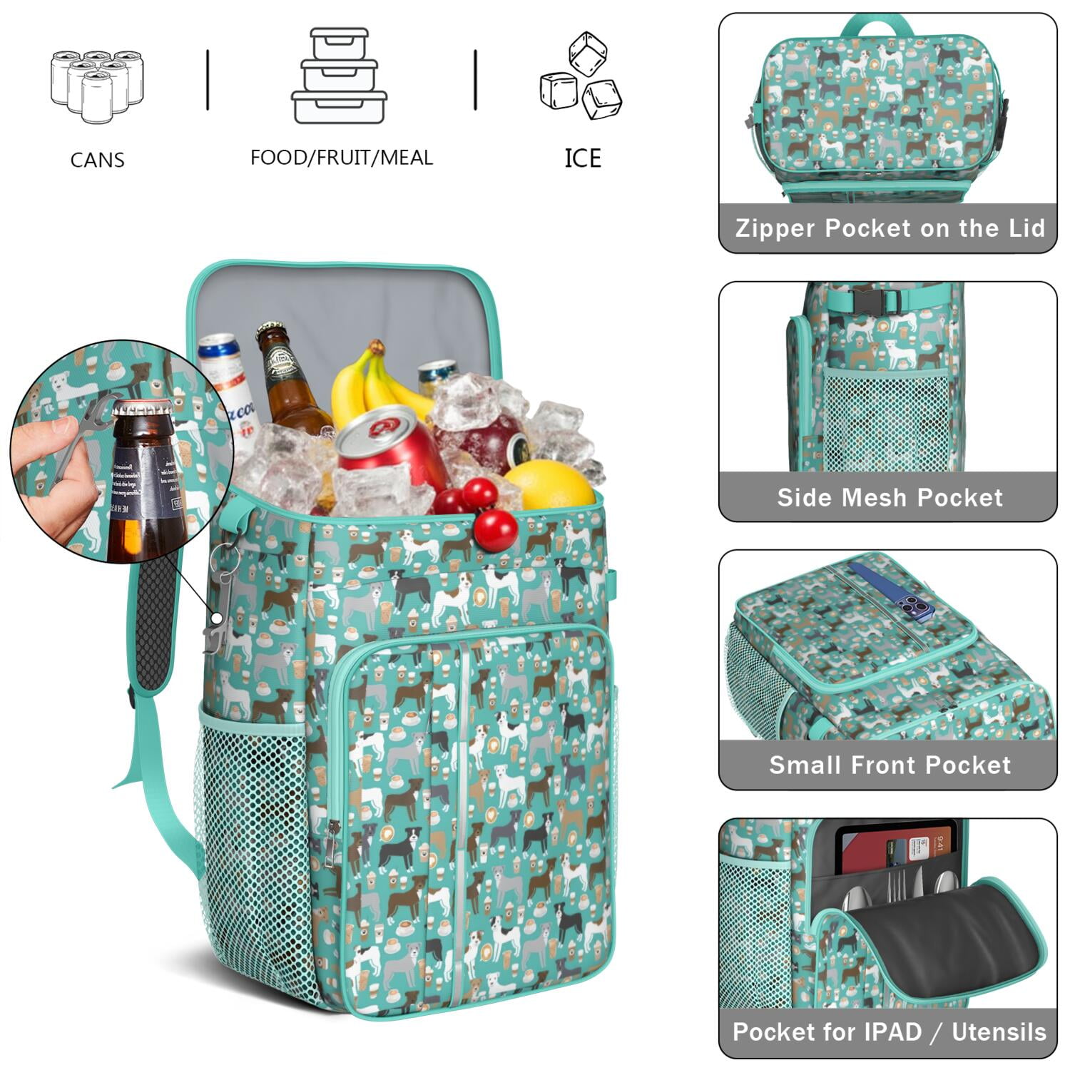 Travel Cooler Bag - Cute Pitbull Terriers Dog and Coffee Camping Beer Cooler Backpack with Bottle Opener- Waterproof Insulated Picnic Backpacks - Cooler Bag for Beach