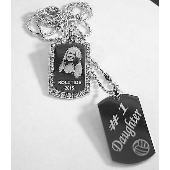 PICTURE  DOG TAG CZ (2) PENDANT NECKLACE FREE ENGRAVE MILITARY STYLE
