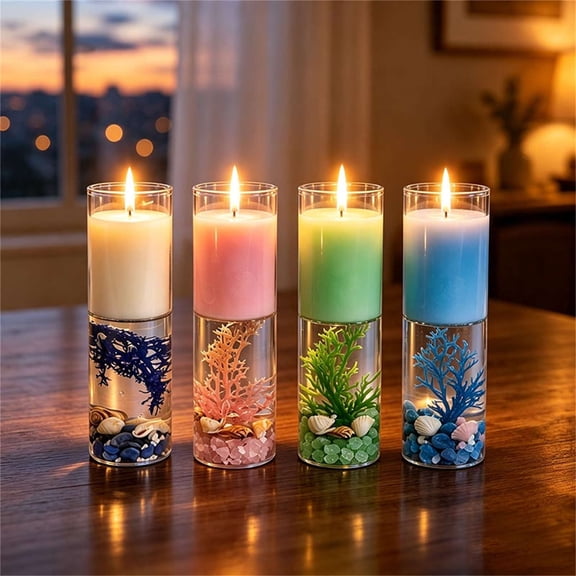 Ocean Themed Scented Candles Set, Clear Glass Jar Pillar Candles Adorned wtih Seashell and Pebble, Aromatherapy Tabletop Ornament, Elegant Home Decor and Thoughtful Holiday Gift Option