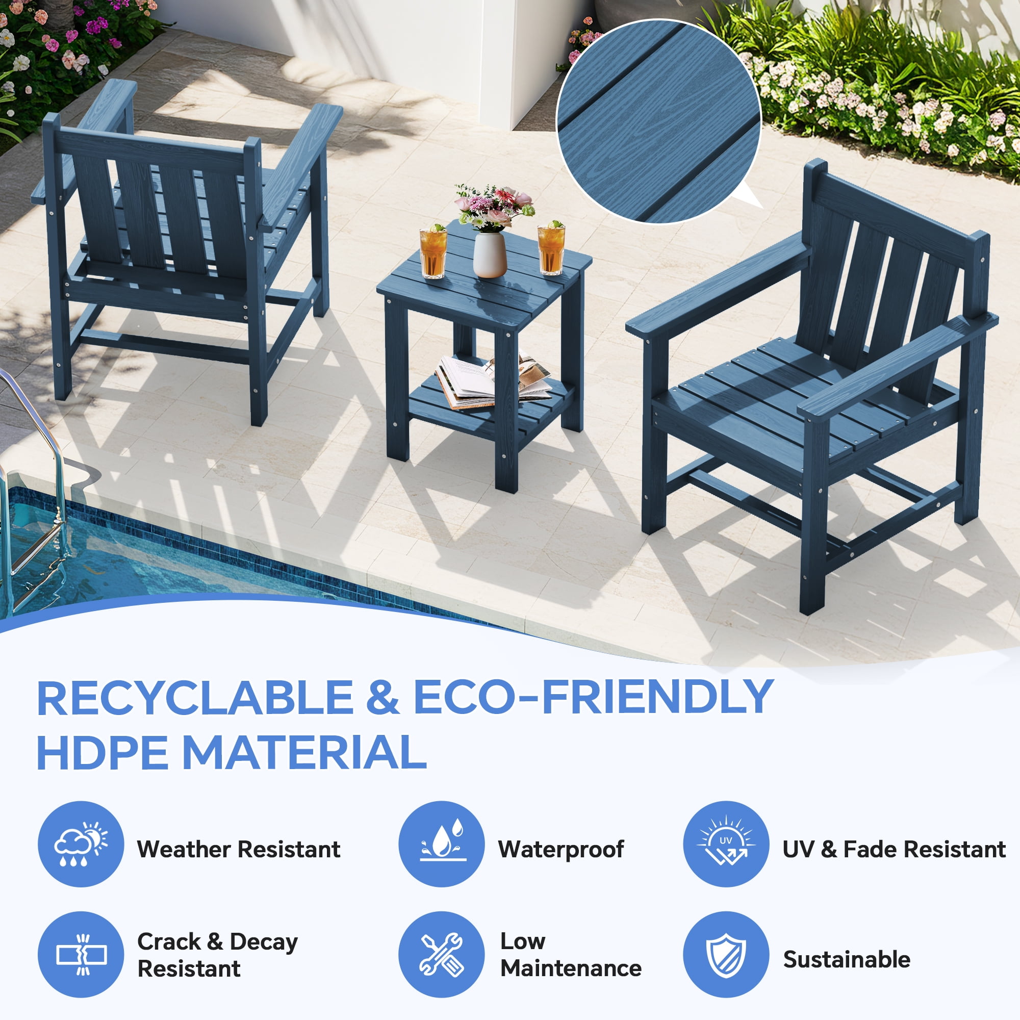 SERWALL 3 Piece Patio Furniture Set,HDPE Outdoor Bistro Set with Coffee Table and Chair for the Patio,Navy
