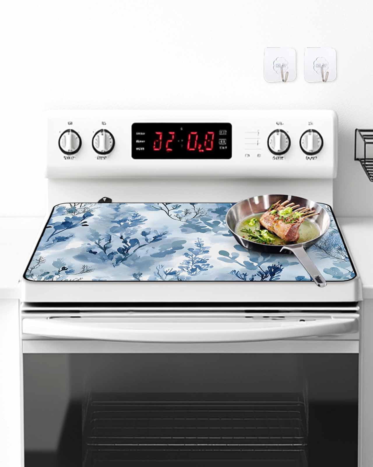 Stove Top Covers for Electric Stove 36x21 Inches, Blue Botanical Art Heat Insulation Fireproof Glass Cooktop Protector, Modern Pastoral Watercolor Leaf Countertop Stovetop Cover for Kitchen