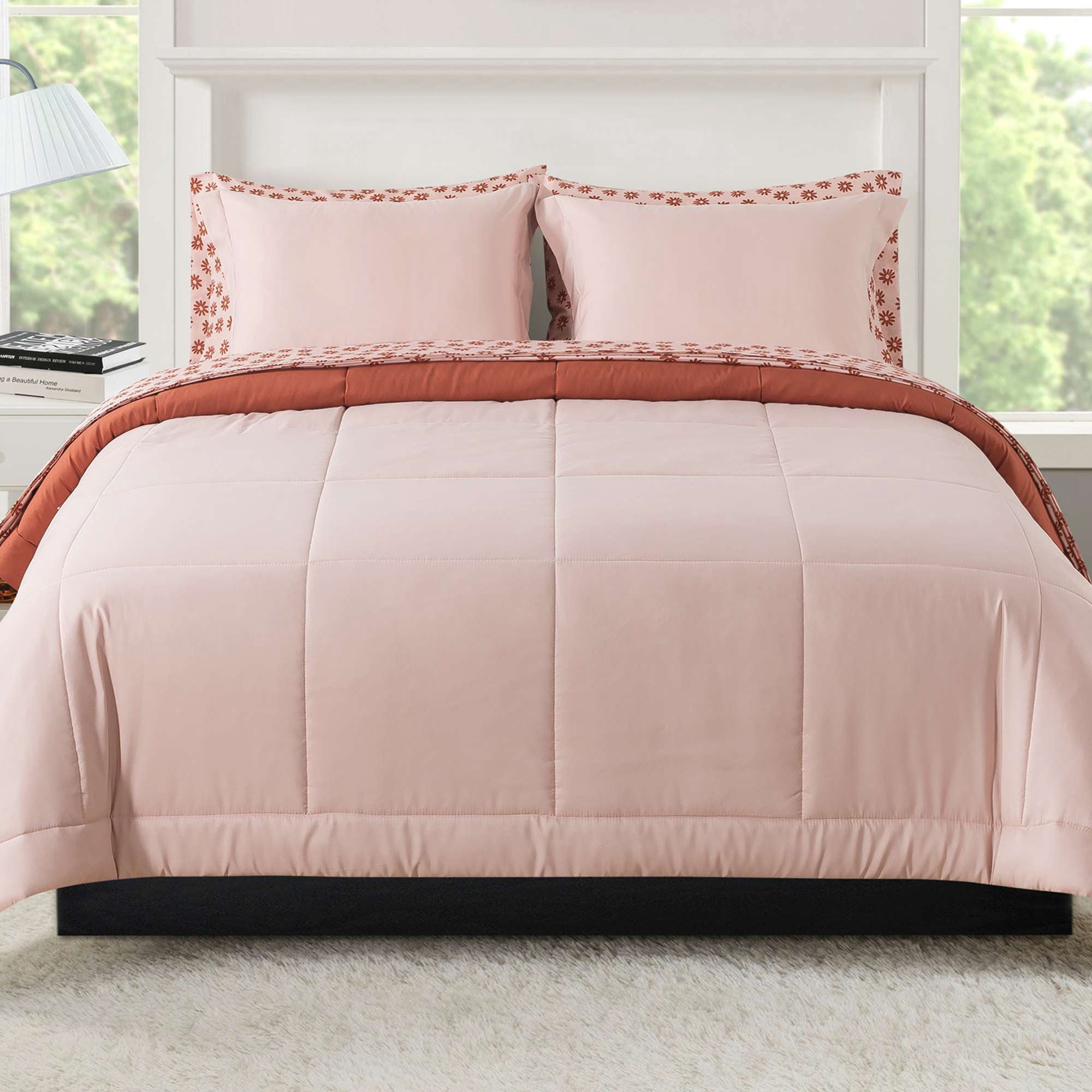 Mainstays All in One Reversible Comforter and Sheet Set, 7-Piece, Full, Pink Blush