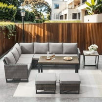 PARKWELL 7 Pieces Outdoor Patio Dining Set,Wicker Sectional Sofa Furniture Set with Rectangle Table and Cushioned Seat Ottoman for 7-Person,Gray