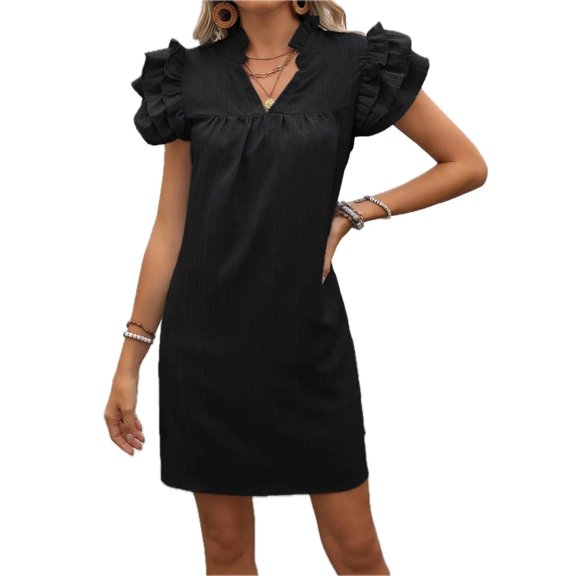 Women's Ruffled Notched Cap Sleeve Mini Dress Polyester % Fabric with Sheer Details and Easy Care for Everyday Wear