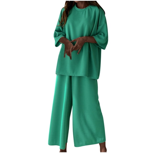Tenues d'Été Femmes Ensemble 2 Pcs pour Femmes Ensemble de Vêtements d'Été Femme Col Rond Manches Courtes Hauts Pantalons Ensembles Style Pantalon Décontracté S_1010 Survêtements pour Femmes Gris TTG