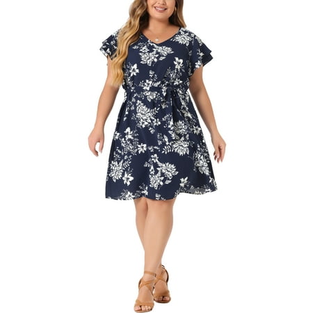 Agnes Orinda Women's Plus Dress Floral Tie Waist Layered Sleeve V Neck Summer Dresses 1X Navy Blue