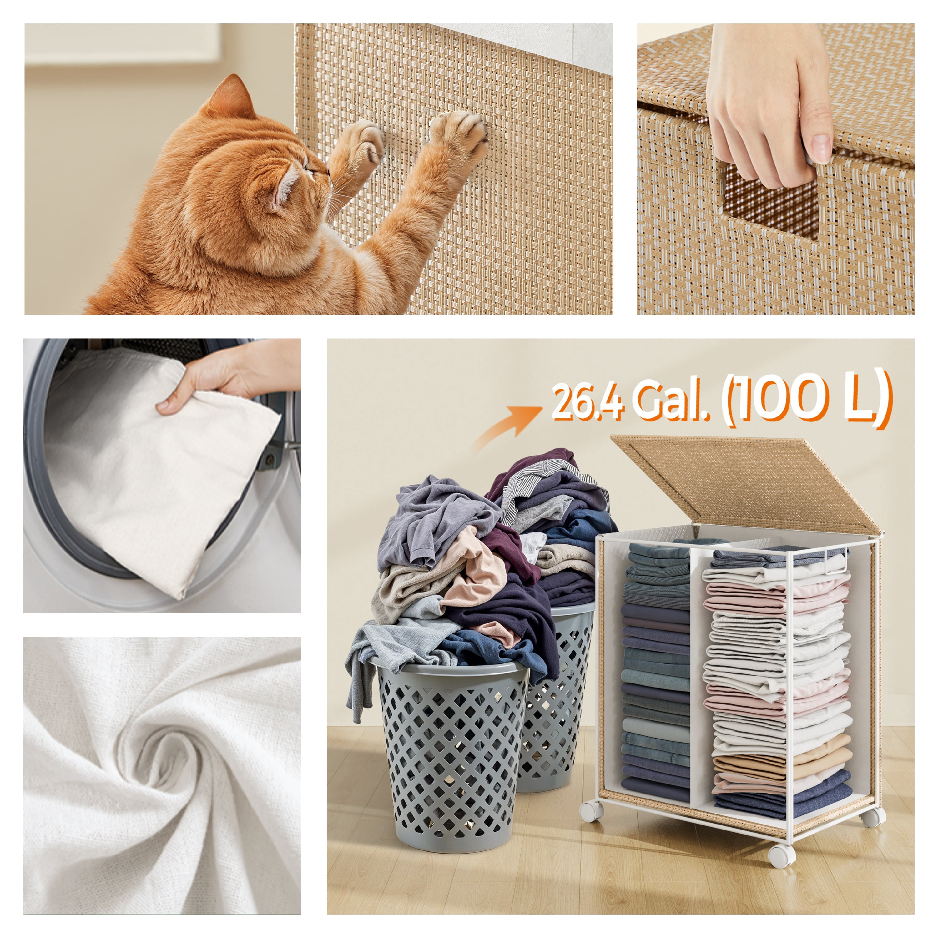 LEDREM 2-Section Rolling Laundry Hamper with Lid, 100L Capacity, Wheels & Removable Liner, Rattan Design, Natural Beige and Matte White