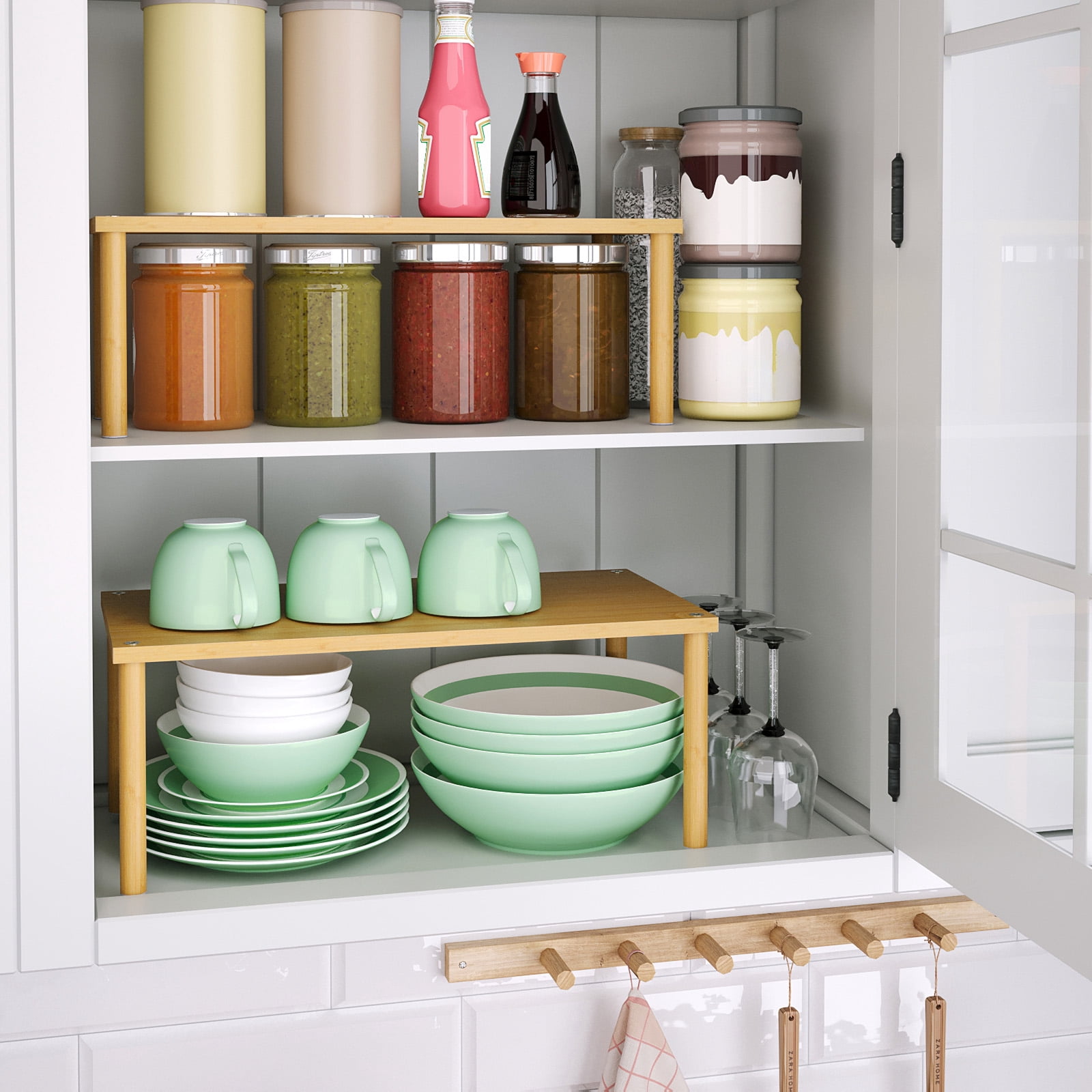 Cabinet Organizer Shelf(Set of 2),Kitchen Counter Shelves,Bamboo Spice Rack Countertop and Cabinet,Stackable Expandable,Large