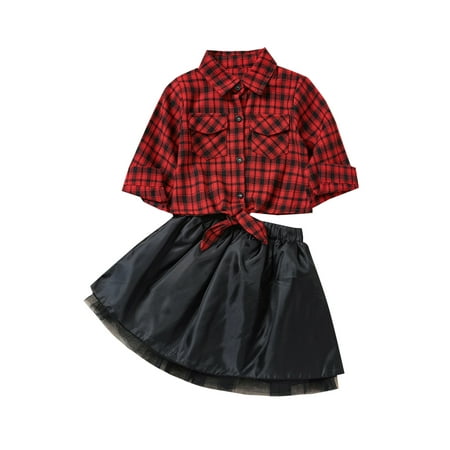 

Toddler Kids Baby Girl Long Sleeve Plaid Shirt Tops Tutu Skirt 2PCS Outfits Set
