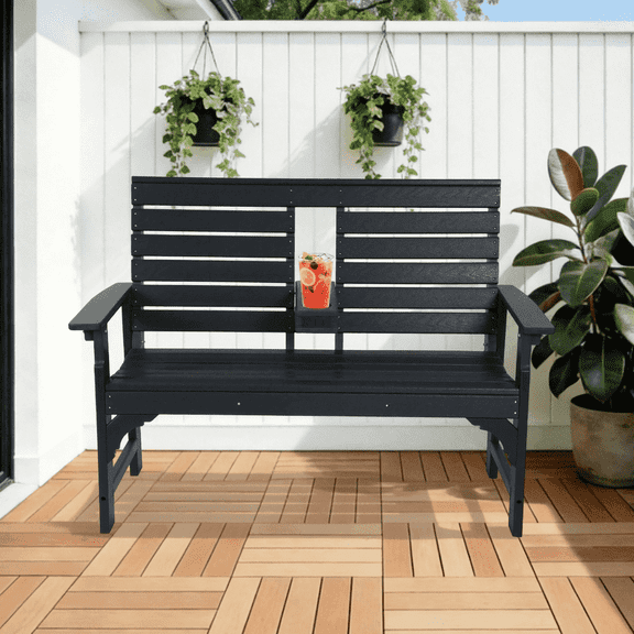 DELMANGO Outdoor Bench with Cup Holders, HDPE 2-Person Weatherproof Patio Benches, Fade/Rot Resistance, Garden Bench for Front Porch Backyard, Black