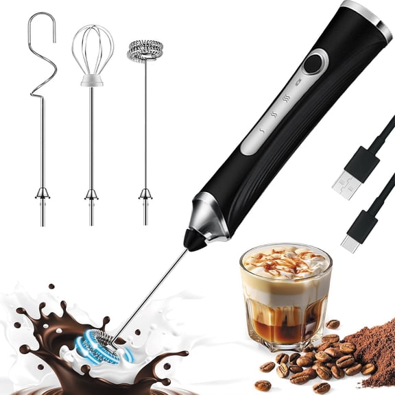 KOGYAS Milk Frother Handheld with 3 Stainless Steel Heads,Electric Whisk Drink Foam Mixer with USB Rechargeable 3 Speeds,Mini Coffee Frother for Cappuccino,Hot Chocolate,Egg - Black