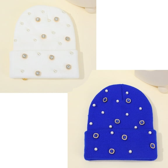 Bling Rhinestone Knit Beanie Hats for Women Girls Warm Winter Hat Thick Cuffed Skull Cap 2Pcs