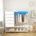 thumbnail image 2 of Dresser with Hanging Rack, White Dresser for Bedroom, Chests of Drawers for Closet, 5 Fabric Drawers Clothes Rack, with Sturdy Metal Frame, LED Lights, Charging Station, 2 of 16