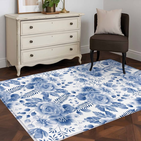 3'x5' Area Rugs, Blue Flower Indoor Outdoor Area Rug for Living Room Bedroom, Botanical Farmhouse Watercolor Floral Plant Washable Bathroom Rugs Kitchen Floor Carpet Mats Home Decor Aesthetic