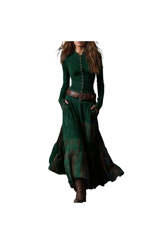Women's Vintage Western Plaid Maxi Dress Plaid Suede Dress with Pockets Buttons and Belt Fishtail Long Sleeve Boho Dresses Dark Green XXXL