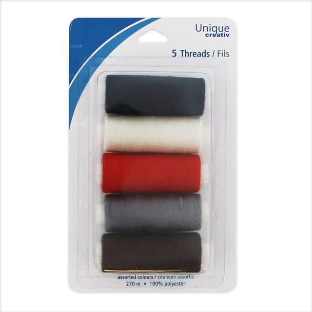 UNIQUE CREATIV Thread Set — Assorted Colours, 5 Spools, 270 m Each, 100% Polyester