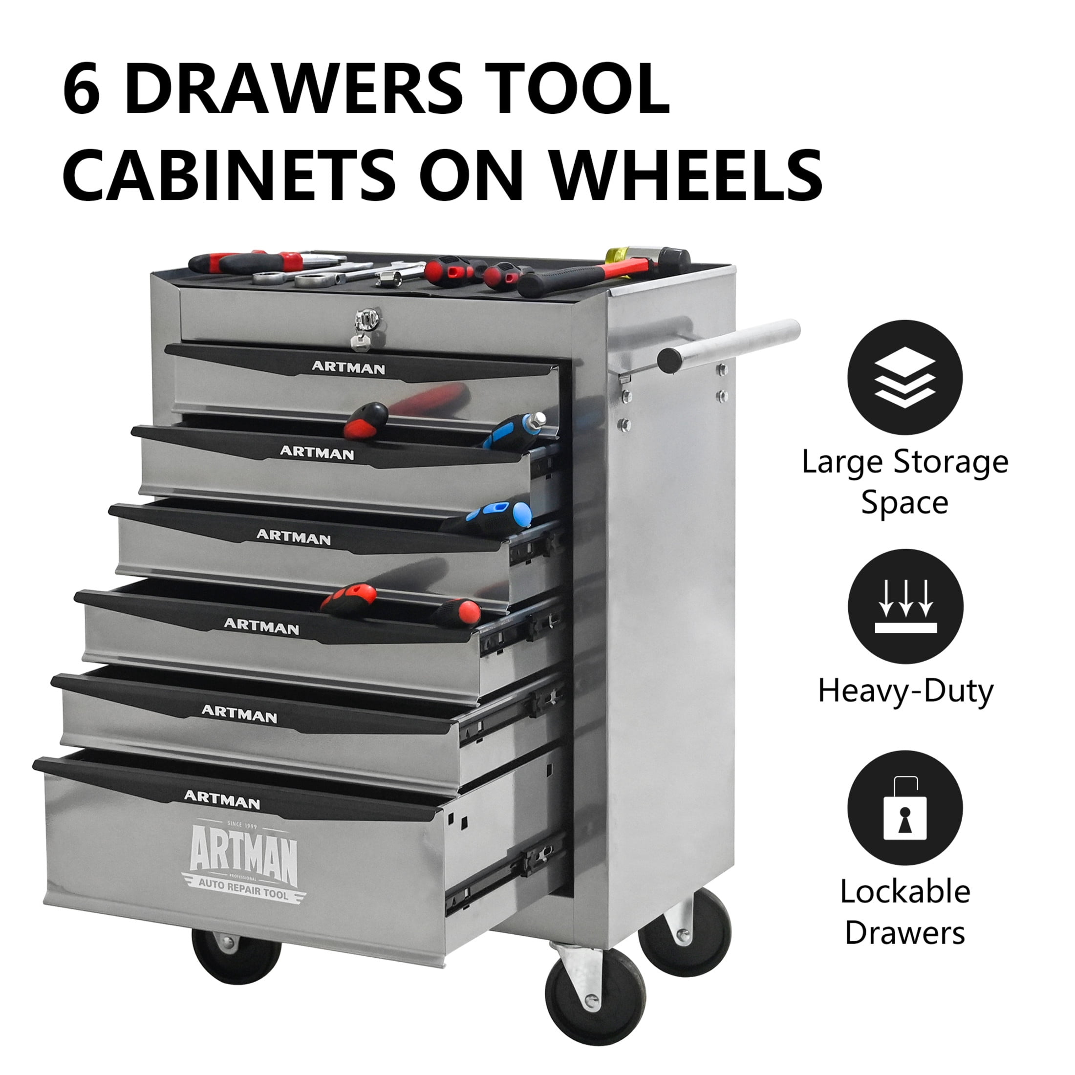Noble House 6-Drawer Mobile Steel Tool Organizer with Key Lock, Ball Bearing Slide Storage Cabinet Box, Silver