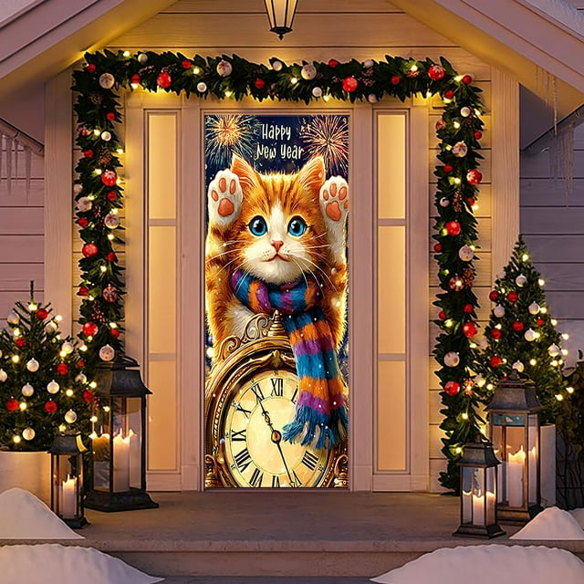 Uuiauoio Happy New Year Door Cover Decoration with Festive Winter Design, Reusable Polyester Door Hanging for Party and Celebration, Indoor Outdoor Welcome Sign Tapestry