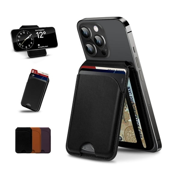 for Magsafe Wallet, 5 Card-Holder, Magnetic Wallet with Adjustable Phone Stand, for iPhone 16/15/14/13/12 Series, Leather, Black