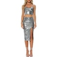 thumbnail image 2 of INSPIRE CHIC Women's Metallic Party Skirt Set Shiny Sleeveless Cami Top Split Skirt 2 Piece Outfits XS Silver Grey, 2 of 6