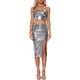 thumbnail image 2 of Conjunto de falda de fiesta metálica para mujeres INSPIRE CHIC, top sin mangas brillante y falda con abertura, 2 piezas, M, gris plateado, 2 of 6