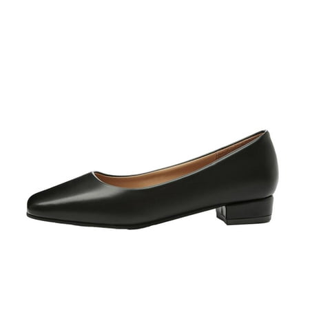 hopeusnice Women s Low Heel Square Toe Flats Comfortable Slip On Shoes PU Leather Block Heel Dress Shoes for Work Office Wedding Party Black 39