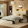 thumbnail image 1 of GUNAITO Cadre de Lit Format Grand avec 4 Tiroirs de Rangement, Lit Rembourré en Velours avec DEL et Ports USB, Tête de Lit Moderne à Ailes avec Tablette de Rangement de Chevet, Beige, 1 of 10