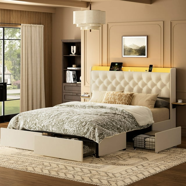 GUNAITO Cadre de Lit Format Grand avec 4 Tiroirs de Rangement, Lit Rembourré en Velours avec DEL et Ports USB, Tête de Lit Moderne à Ailes avec Tablette de Rangement de Chevet, Beige