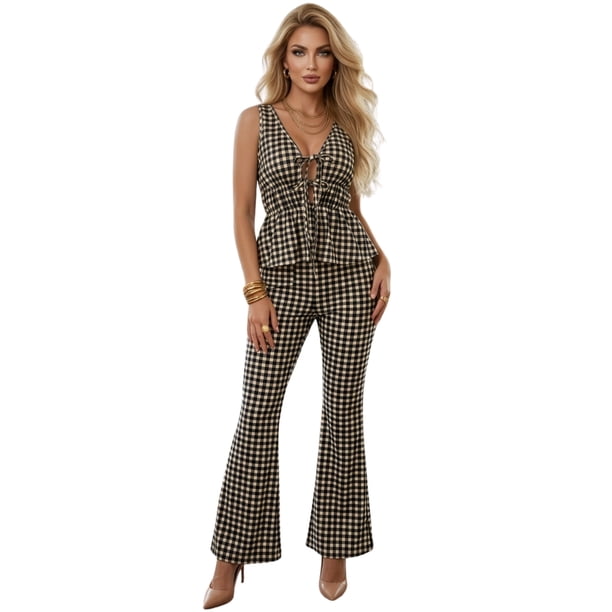 Conjunto para Mujer 2 Piezas Blusa Peplum con Escote y Pantalón Acampanado Set Casual Estampado Cuadros