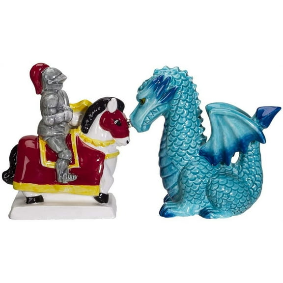 Ceramic Saint George The Knight And Blue Dragon Salt Pepper Shakers Figurine Set