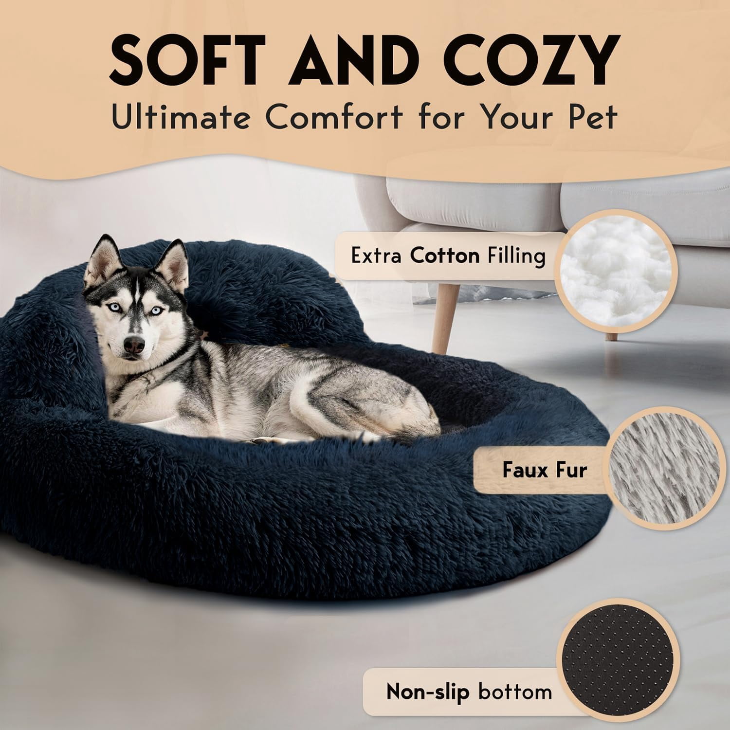 XL Dog Beds for Large Sized Dog - 45'' Extra Large Dog Bed, Washable Dog Bed - Anti-Slip Super Soft Round Donut Bed, Fluffy Faux Fur Anti-Anxiety Premium Comfort Pet Bed, Fits Dogs upto 120lbs